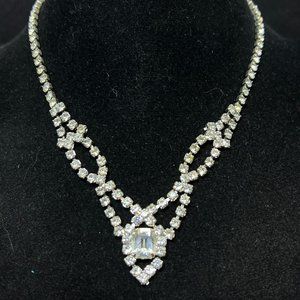 Vintage Silver Tone And Clear Rhinestone Choker Necklace 15" (3974)